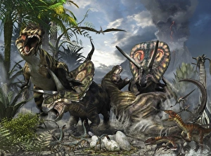 A family of Torosaurus protecting their eggs from a pair of Tyrannosaurus rex A family of Torosaurus protecting their eggs from a pair of Tyrannosaurus rex