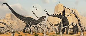 A female Stegosaurus protects her infant from an Allosaurus A female Stegosaurus protects her infant from an Allosaurus