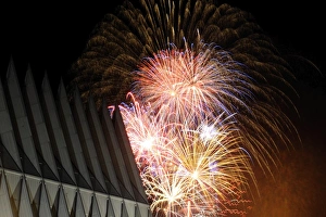 Fireworks explode over the Air Force Academy Cadet Chapel Fireworks explode over the Air Force Academy Cadet Chapel