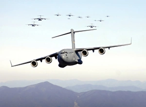 A formation of 17 C-17 Globemaster IIIs fly over the Blue Ridge Mountains A formation of 17 C-17 Globemaster IIIs fly over the Blue Ridge Mountains