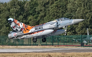 A French Air Force Mirage 2000 lands on the runway at Kleine Brogel Air Base, Belgium A French Air Force Mirage 2000 lands on the runway at Kleine Brogel Air Base, Belgium