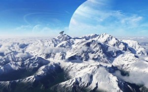 A gas giant rises in the distance over a massive slumbering volcano A gas giant rises in the distance over a massive slumbering volcano