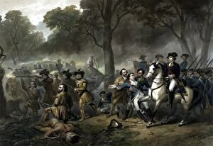 Battle Of The Wilderness Gallery: George Washington on horseback leading troops at the Battle of the Monongahela