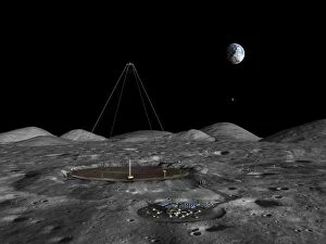 A giant liquid mirror telescope lies nestled in a lunar crater