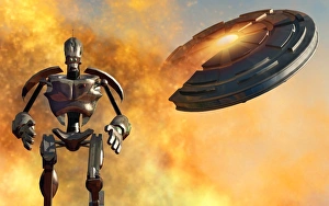 <b class=qtipBold><figcaption>A giant robot and UFO on the attack</figcaption></b><br>A giant robot and UFO on the attack.<br><em>© Mark Stevenson/Stocktrek Images</em> A giant robot and UFO on the attack