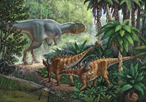 Two Gigantspinosaurus fearful at the sight of a large Yangchuanosaurus Two Gigantspinosaurus fearful at the sight of a large Yangchuanosaurus