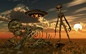 A Grey Alien looking at humanoid remains as a UFO flys overhead A Grey Alien looking at humanoid remains as a UFO flys overhead