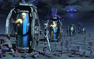 Flying Saucers Gallery: Grey Aliens awaking humanoid clones in bio-transport containers