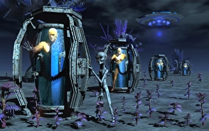 Flying Saucers Gallery: Grey Aliens awaking humanoid clones in bio-transport containers