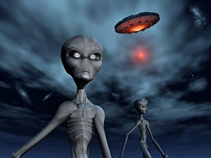 Flying Saucers Gallery: Grey Aliens and their flying saucer, visiting Earth