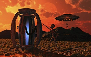 Grey Aliens tending to a storage container used to transport specimens Grey Aliens tending to a storage container used to transport specimens