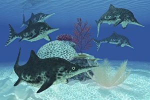 A group of large Ichthyosaurus marine reptiles swimming in prehistoric waters A group of large Ichthyosaurus marine reptiles swimming in prehistoric waters