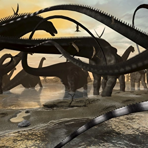 A herd of Argentinosaurus marching along the side of a beach A herd of Argentinosaurus marching along the side of a beach