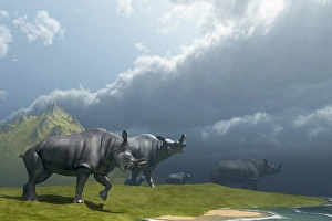 A herd of Brontotherium dinosaurs come to the lake to drink A herd of Brontotherium dinosaurs come to the lake to drink