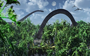 A herd of Omeisaurus sauropod dinosaurs grazing A herd of Omeisaurus sauropod dinosaurs grazing