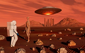 Flying Saucers Gallery: A human astronaut making contact with a reptoid alien on the surface of Mars