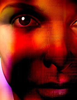 Digital Communication Network Prints: Human face technology. Binary code