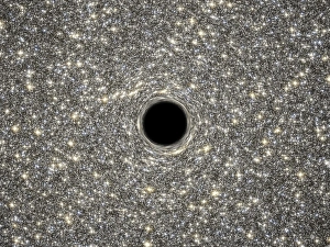 Illustration of a supermassive black hole in the middle of a dense galaxy Illustration of a supermassive black hole in the middle of a dense galaxy
