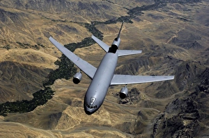 A KC-10 Extender aircraft moves out of position after receiving fuel A KC-10 Extender aircraft moves out of position after receiving fuel