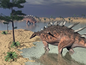Kentrosaurus dinosaurs walking in the water next to sand and trees Kentrosaurus dinosaurs walking in the water next to sand and trees