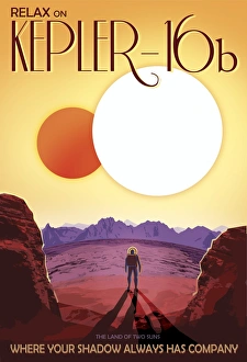 Kepler-16b orbits a pair of stars in this retro space poster Kepler-16b orbits a pair of stars in this retro space poster
