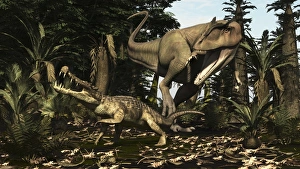 A large Carcharodontosaurus attacks a Kaprosuchus A large Carcharodontosaurus attacks a Kaprosuchus