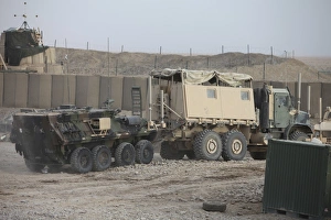 A light armored vehicle being towed at a military base in Afghanistan A light armored vehicle being towed at a military base in Afghanistan