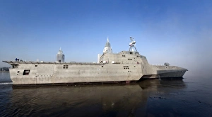The littoral combat ship USS Independence pulls away from the pier for acceptance trials The littoral combat ship USS Independence pulls away from the pier for acceptance trials