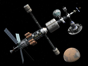 A manned Mars cycler space station approaches the planet Mars A manned Mars cycler space station approaches the planet Mars