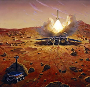 A Mars ascent vehicle starting a sample of Mars rocks on their trip to Earth A Mars ascent vehicle starting a sample of Mars rocks on their trip to Earth