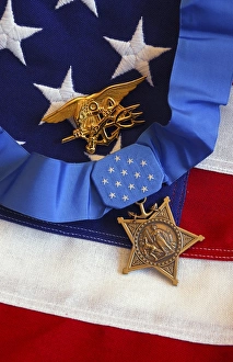 The Medal of Honor rests on a flag beside a SEAL trident The Medal of Honor rests on a flag beside a SEAL trident