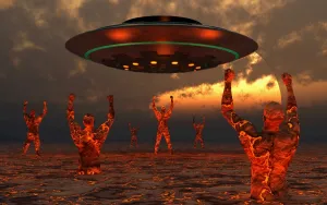 Flying Saucers Gallery: Men born of molton lava from the core of the Earth, hail an arriving UFO