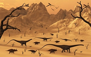 A mixed herd of dinosaurs migrate to greener pastures A mixed herd of dinosaurs migrate to greener pastures