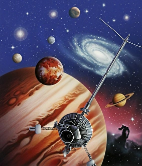 A montage of the universe featuring astronomical objects and an exploratory craft A montage of the universe featuring astronomical objects and an exploratory craft