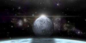 A moon rises above a stormy gas giant planet A moon rises above a stormy gas giant planet