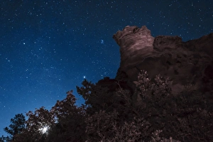 The moon rises through trees on a rocky cliff in Oklahoma The moon rises through trees on a rocky cliff in Oklahoma