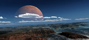 <b class=qtipBold><figcaption>A moon rises over a young world</figcaption></b><br>A moon rises over a young world. Concept inspired by the ancient continent Gondwanaland.<br><em>© Frieso Hoevelkamp/Stocktrek Images</em> A moon rises over a young world
