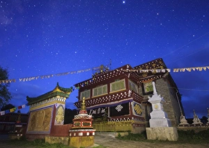 Morning twilight paints the sky in deep blue above a Tibetan temple in western China Morning twilight paints the sky in deep blue above a Tibetan temple in western China