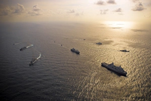 A multi-national naval force navigates the waters of the Caribbean Sea A multi-national naval force navigates the waters of the Caribbean Sea