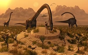 Flying Saucers Gallery: Omeisaurus dinosaurs communicating with alien reptoid beings