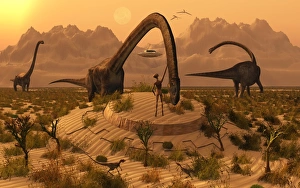 Flying Saucers Gallery: Omeisaurus dinosaurs communicating with alien reptoid beings