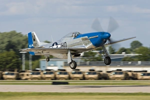 A P-51 Mustang takes off from Oshkosh, Wisconsin A P-51 Mustang takes off from Oshkosh, Wisconsin