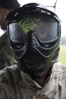 A paintball round splattered the protective face mask of a student A paintball round splattered the protective face mask of a student