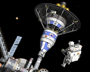 A pair of astronauts perform an inspection of a manned Mars lander A pair of astronauts perform an inspection of a manned Mars lander