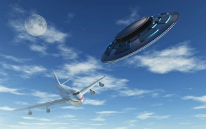 A pair of silver metallic disc shaped UFOs buzzing a Boeing 747 commerical airliner A pair of silver metallic disc shaped UFOs buzzing a Boeing 747 commerical airliner
