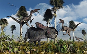 A pair of Velociraptors attack a lone Protoceratops A pair of Velociraptors attack a lone Protoceratops