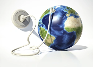Planet Earth with electric cable, plug and socket Planet Earth with electric cable, plug and socket