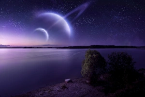 Two planets hover over a large, calm lake with lonely trees on the shore Two planets hover over a large, calm lake with lonely trees on the shore