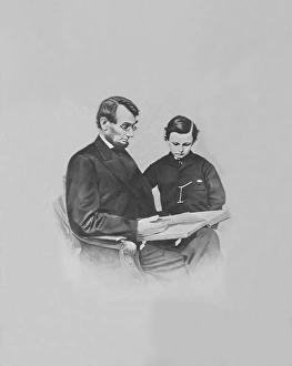 President Abraham Lincoln and his son Tad Lincoln looking at a book President Abraham Lincoln and his son Tad Lincoln looking at a book