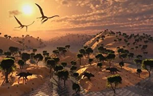 Azhdarchidae Gallery: Quetzalcoatlus pterosaurs flying over a Cretaceous landscape